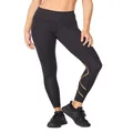 2XU Women's Force Mid-Rise Compression Tights with Flat-Wide Waistband for Training and Fitness, Black/Gold, X-Small