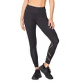 2XU Womens Force Mid-Rise Compression Tights with Flat-Wide Waistband for Training and Fitness Black/Gold