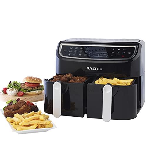 Salter EK4548 Dual Air Fryer - Double Drawer, 2 XL Non-Stick Cooking Trays, Sync & Match Cook Function, Independent Cooking, 8.2L, Sensor Touch Display, 12 Presets, Oil Free, 2200W-2600W, Black/Silver
