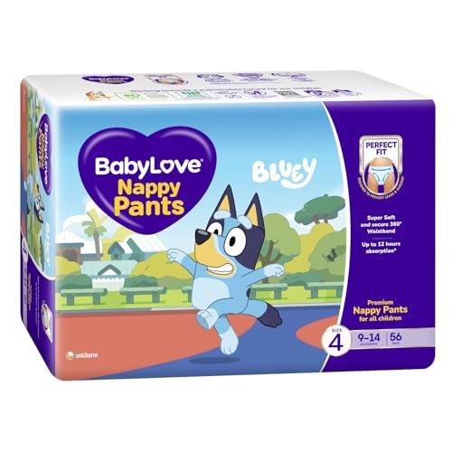 BabyLove Nappy Pants for Size 4, 112 Count, 9–14 kg Value Pack | Bluey prints, up to 12 hours absorbency, contoured fit, easy tear sides, PEFC certified pulp, designed to prevent sagging