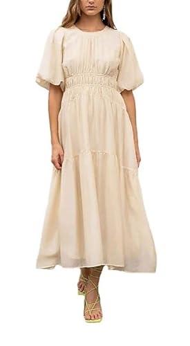 MOON RIVER Women's Shirred Puff Sleeve Bdarecsk Scut-Out Midi Dress, Cream, X-Small
