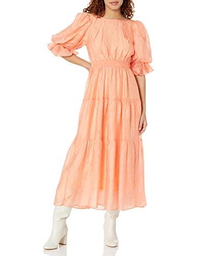 MOON RIVER Women's Puff Sleeve Shirred Tiered Midi Dress, Pink, X-Small