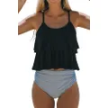 Beachsissi Tankini Bathing Suit Stripe Print High Waisted Tummy Control 2 Piece Swimsuit, Black, X-Large
