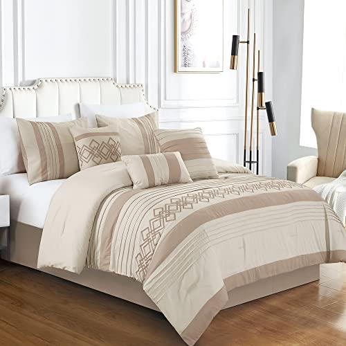 Chezmoi Collection Ariel 7-Piece Taupe Geometric Chenille Embroidery Pleated Striped Comforter Bedding Set, Queen Size