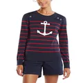 Nautica Women's Voyage Long Sleeve 100% Cotton Striped Crewneck Sweater, Navy, XX-Large
