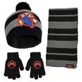 Nintendo Boys' Winter Hat, Scarf, and Kids Gloves Sets, Super Mario for Ages 4-7, Black/Grey, 4-7 Years