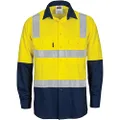 TOMYEUS DNC Workwear Unisex Hivis Two Tone Cool-Breeze Long Sleeve Cotton Shirt with Hoop & Shoulder CSR Reflective Tape, Yellow/Navy, Small