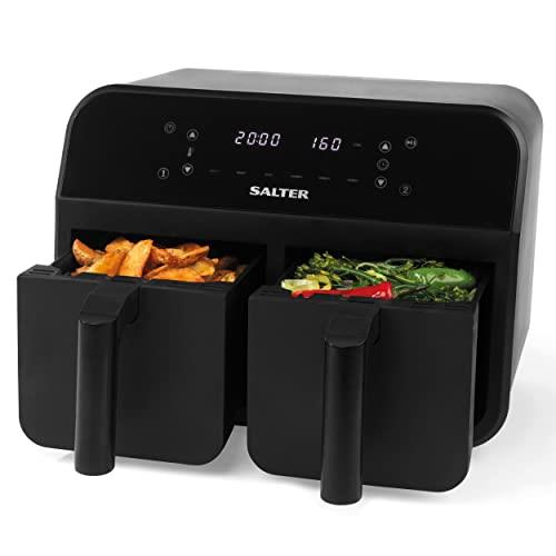 Salter EK4750BLK Dual Air Fryer, Larger Double Drawer Non-Stick Air Fryer Oven, Sync & Match Function, 2 Family Style Frying Trays for Independent Cooking, 7.4L, Digital Display with 6 Pre-sets, 2400W