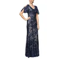 Alex Evenings Women's Sequin Stretch Lace Cold Shoulder Gown, Navy/Nude Flutter Sleeve, 16