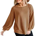 MEROKEETY Women's 2024 Fall Long Balloon Sleeve Waffle Knit Tops Crew Neck Oversized Sweater Pullover, Brown, X-Large