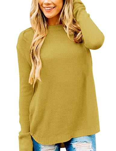 MEROKEETY Women's Long Sleeve Oversized Crew Neck Solid Color Knit Pullover Sweater Tops, Mustard, Small