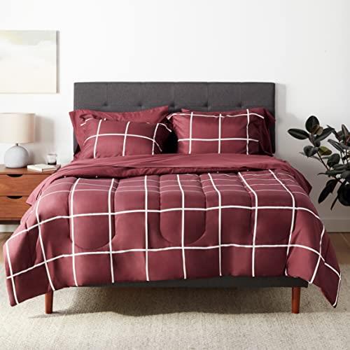 Amazon Basics 7-Piece Lightweight Microfiber Bed-In-A-Bag Comforter Bedding Set - Full/Queen, Burgundy Simple Plaid