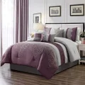 Chezmoi Collection Chloe 7-Piece Purple Gray Geometric Medallion Embroidery Pleated Striped Comforter Set, Queen