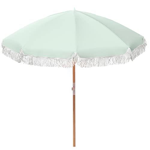 Havana Outdoors Beach Umbrella Portable Fringed Garden Sun Shade Shelter (2 Metres, Sage Green)