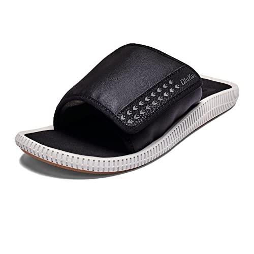 OluKai Ulele Olu Men's Beach Sandals, Quick-Dry Flip-Flop Slides, Water Resistant & Lightweight, Compression Molded Footbed & Ultra-Soft Comfort Fit, Black/Black, 12