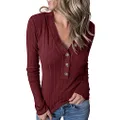 MEROKEETY Women's Long Sleeve V Neck Ribbed Button Knit Sweater Solid Color Tops, Wine, Medium
