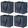 VENO 4 Pack Reusable Grocery Shopping Bag w/bottle holder, Hard bottom, Foldable, Multipurpose Heavy Duty Tote, Daily Utility bag, Stands Upright, Sustainable (4 Pack, Navy Blue)
