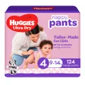 Huggies Ultra Dry Nappy Pants Girls Size 4 (9-14kg) 124 Count (2 x 62 Pack) - Packaging May Vary