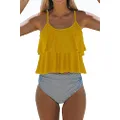 Beachsissi Tankini Bathing Suit Stripe Print High Waisted Tummy Control 2 Piece Swimsuit, Yellow, Small