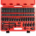 NEIKO 02471A Impact Socket Set, 3/8” Drive, 67 Piece, Metric and Standard Master Socket Set with Shallow & Deep Swivel Sockets, Ratchet, Extension Bars, Adapters, Cr-V & Cr-Mo