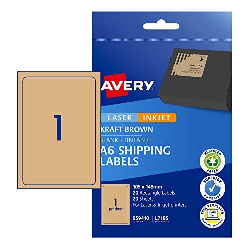 Avery A6 Kraft Brown Labels for Laser & Inkjet Printers - Printable Packaging, Shipping & Address Labels - Mailing Stickers - 105 x 148 mm, 20 Labels / 20 Sheets (959410 / L7185)