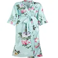 Aensso long silky kimono robes for women, lightweight & soft floral bridal robe, Cyan Flowers, One Size