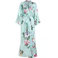Aensso long silky kimono robes for women, lightweight & soft floral bridal robe, Cyan Flowers, One Size