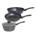 Stone Chef Cooking Set 1 x 28cm Frypan 1 x 20cm Saucepan with Lid 1 x 28cm Wok Aluminium Alloy Bakelite, Compatible with Gas, Electric, Induction Cooktops (3 Pack, Black with Grey Handle)