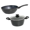 Stone Chef Cooking Set 1 x 30cm Wok 1 x 24cm Casserole with Lid Aluminium Alloy Bakelite, Compatible with Gas, Electric, Induction Cooktops (2 Pack, Black with Grey Handle)