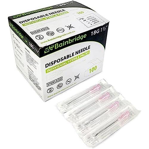 Bainbridge 18 Gauge Disposable Needles, 1-Inch Size (100 Piece Pack)