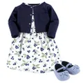 HUDSON BABY Baby Girls' Cotton Dress, Cardigan and Shoe Set, Blueberries, 0-3 Months