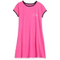 Calvin Klein Girls' Short Sleeve T-Shirt Dress, Pullover Style with Crew-Neck Neckline, Logo Detailing, Pink Pop Ringer, Large