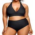 Yonique Womens Two Piece Plus Size Halter Bikini Swimsuits Tummy Control Bathing Suits High Waisted Swimwear, Black 01, 16 Plus