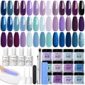 AZUREBEAUTY 31Pcs Dip Powder Nail Kit Starter, 20 Colors Purple Blue Glitter Dipping Powder Recycling Tray Essential Liquid Set with Base Top Coat Activator for French Dip Nails Art Manicure Set Beginner DIY Salon Women Gift