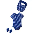 Champion Infant 3-Piece Box Set Includes Body Suit, bib or hat and Booties, All Over Script-Blue 420, 0-6 Months