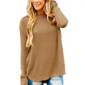 MEROKEETY Women's Long Sleeve Oversized Crew Neck Solid Color Knit Pullover Sweater Tops, Goldenbrown, Medium
