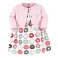 HUDSON BABY Girls' Cotton Dress and Cardigan Set, Donuts, 9-12 Months