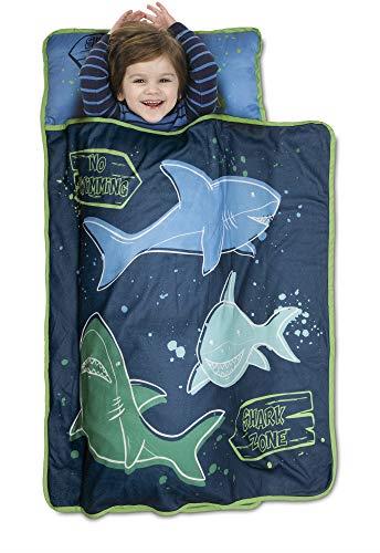 Funhouse Shark Zone Kids Nap-Mat Set – Includes Pillow and Fleece Blanket – Great for Boys Napping During Daycare or Preschool - Fits Toddlers, Blue