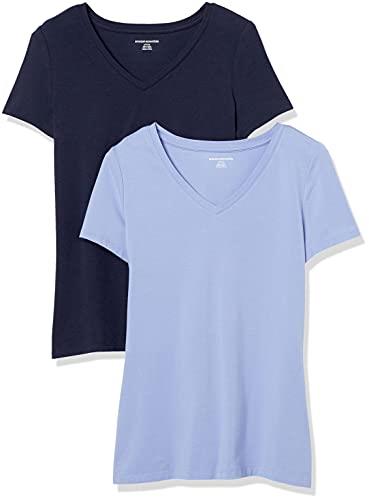 Amazon Essentials Women's Classic-Fit Short-Sleeve V-Neck T-Shirt, Pack of 2, Purple/Navy, Medium
