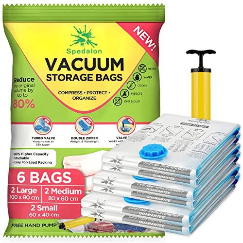 Vacuum Storage Bags - Pack of 6 (2 Large + 2 Medium + 2 Small) ReUsable with free Hand Pump for travel packing | Best Sealer Bags for Clothes, Duvets, Bedding, Pillows, Blankets, Curtains