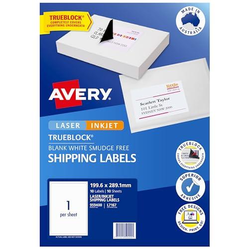 Avery Trueblock A4 Labels for Laser & Inkjet Printers - Printable Packaging, Shipping & Address Labels - Mailing Stickers - White, 199.6 x 289.1 mm, 10 Labels / 10 Sheets (959400 / L7167)
