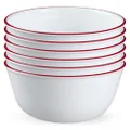 Corelle 6-Piece 18oz Round Bowls, Vitrelle Triple Layer Glass, Perfect for Soup, Cereal and Snacks, Lightweight, Chip and Scratch Resistant, Microwave and Dishwasher Safe, Red Band
