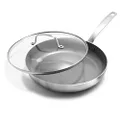 GreenPan Chatham Tri-Ply Stainless Steel Healthy Ceramic Nonstick 28cm Frying Pan Skillet with Lid, PFAS-Free, Multi Clad, Induction, Dishwasher Safe, Oven Safe, Silver