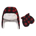 Hudson Baby Unisex Baby and Toddler Fleece Trapper Hat and Mitten, Black Red Plaid 2-Piece Set, 0-6 Months