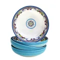 Euro Ceramica Zanzibar Collection Pasta Bowl Sets, Set of 4, Spanish Floral Design, Multicolor Blue