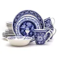 Euro Ceramica Blue Garden 16 Piece Oven Safe Hand Painted Stoneware Dinnerware Set, Service for 4, Bold Vase Design/Floral Pattern, White