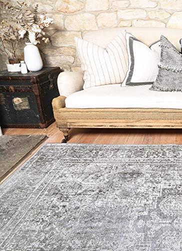 The Rug Collective Distressed Vintage Chilaz Grey Rug Wipe Clean Machine Washable Pet Friendly Bedroom Rug, 240 x 310cm