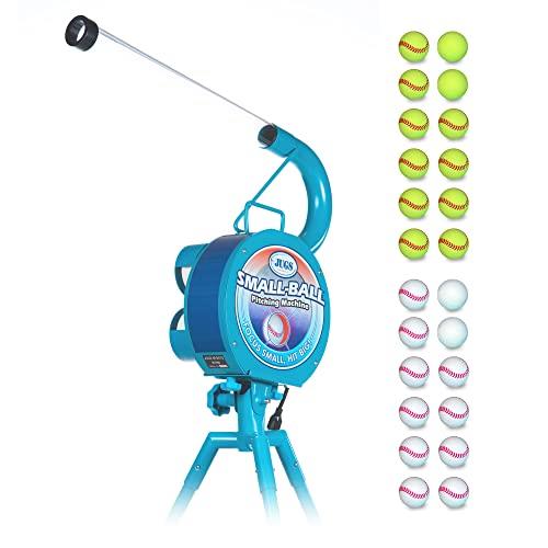 Jugs Small-Ball Pitching Machine with 2-Dozen Small-Balls—1-Dozen White and 1-Dozen Vision-Enhanced Yellow. Hitting Big. Throws fastballs or Overhand Curves., JUGS Blue