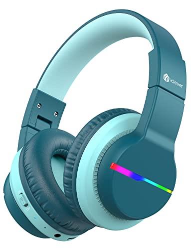 iClever BTH12 Wireless Kids Headphones, Colorful LED Lights Kids Headphones with 74/85/94dB Volume Limited Over Ear, 55H Playtime, Bluetooth 5.2, Built-in Mic for School/Tablet/PC/Airplane (Green)