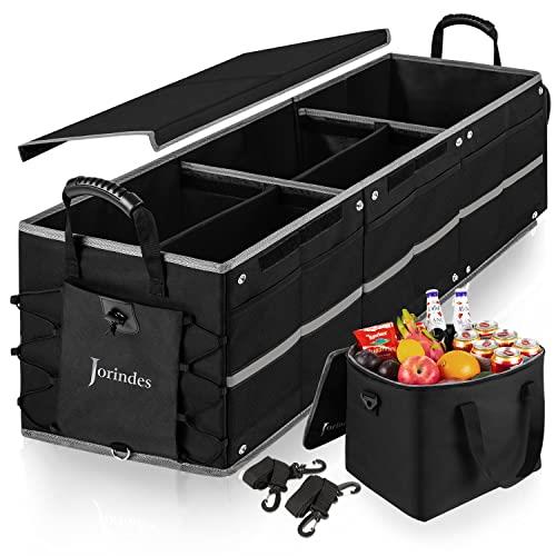 Collapsible Trunk Organizer for Car with Insulated Leak proof Cooler Bag, 3 Compartments SUV Cargo Organizer Removable Dividers, 5 in1 Car Storage Organizer with Foldable Lid,2 Tie-Down Straps(Black)